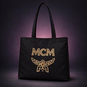 MCM Tote Shoulder Bag - Black Nylon Gold Logo Print
